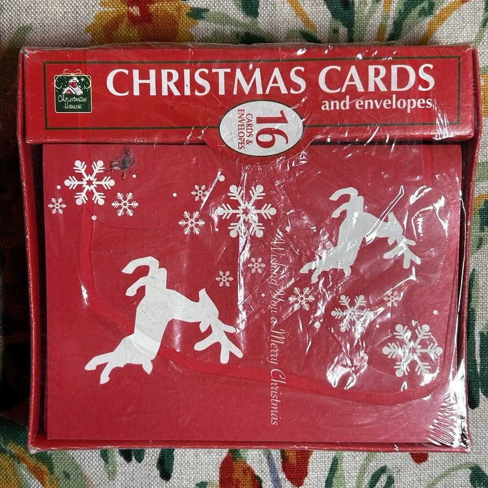 NEW & SEALED Red Reindeer Snowflakes 16 Christmas Cards & Envelopes Xmas Holiday